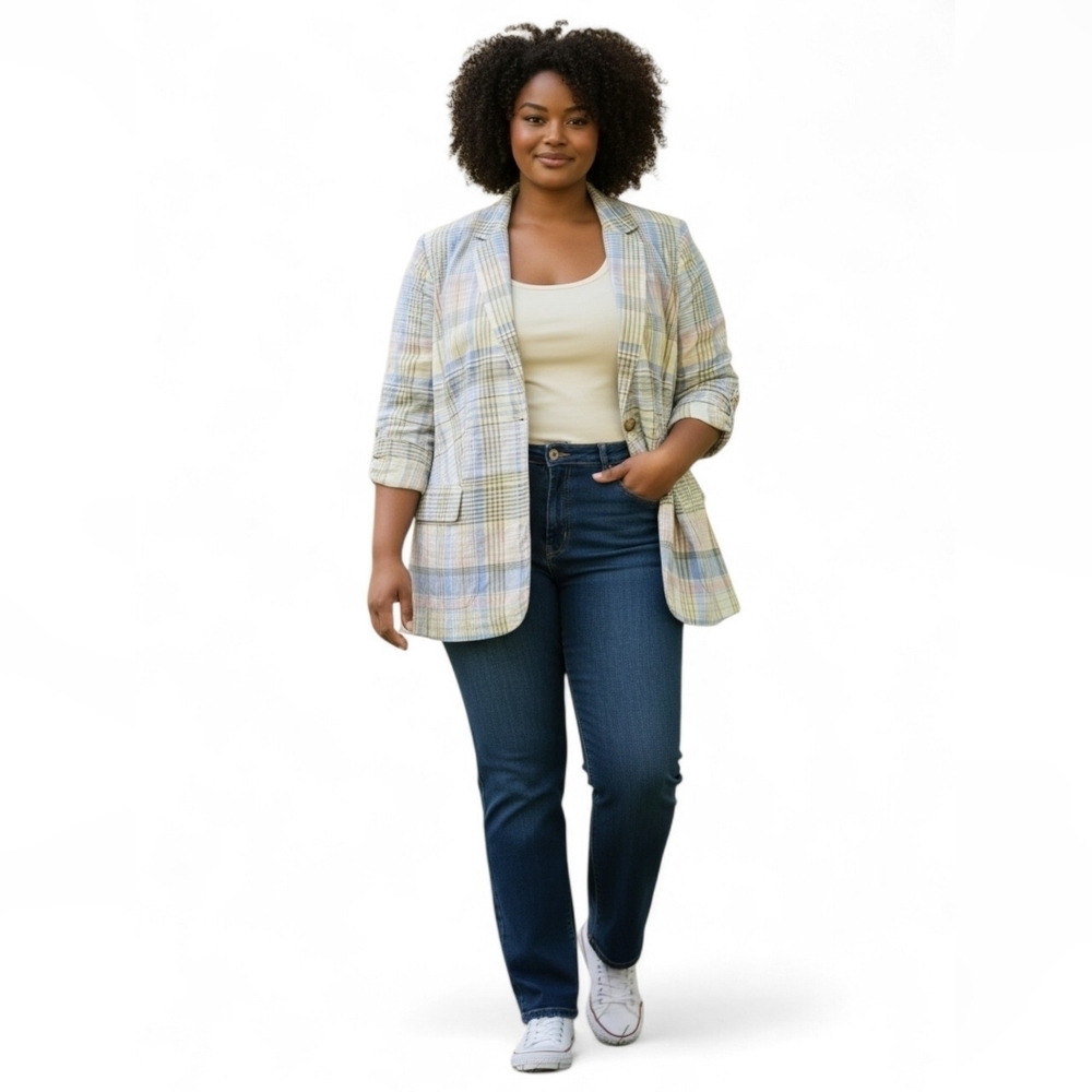 Talbots Linen Cotton Blazer Cream Green Blue Plaid Gingham Size 22W